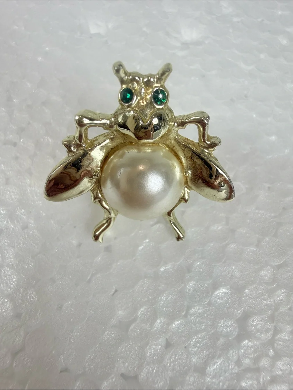 VTG Jelly Belly Fly Insect Brooch Gold Tone Faux Pearl Green Rhinestones